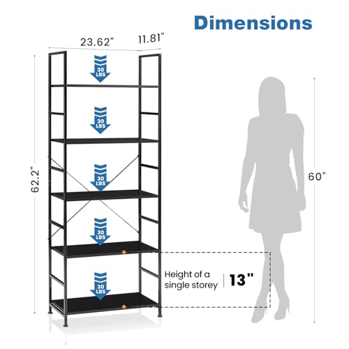 Image of DUMOS 5 Tiers Open Bookshelf, Classic Freestanding Tall Display Shelf, Multifunctional Storage Organizer Rack for Living Room Home Office, Sturdy Bookcase for CDs /Books /Movies, Modern Black