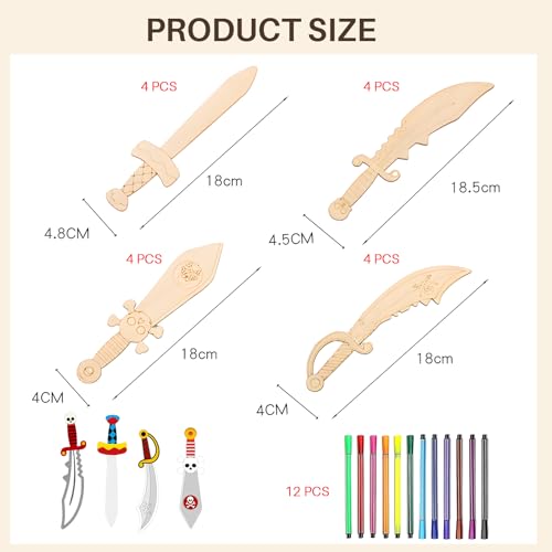 BCYSNR 16 Stück Holzschwert Bemalen Kinder und 12 Stück Wasserfarbstifte, Hölzerne Piraten Zum Bemalen Set, DIY Handgefertigte Holzschwert-Kinder
