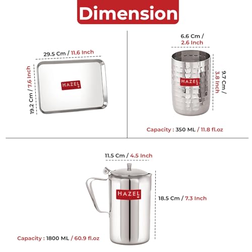 Image of HAZEL Stainless Steel Drinkware Set of 6 | Water Jug with Lid 1800ml, 4pc Hammered-Style Glasses 350ml & Serving Tray | Shiny Finish Tableware Combo for Home & Office Use