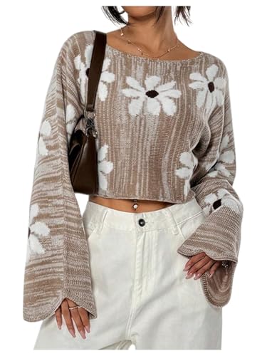Women's Floral Crop Sweaters Y2k Long Sleeve Boat Neck Knit Tops Pullovers