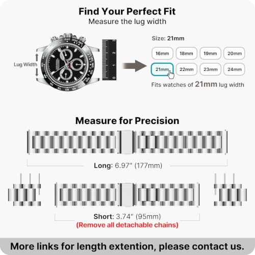Image of Fullmosa 21mm Stainless Steel Watch Band, Quick Release Metal Replacement Strap with Removable Links, Includes Spring Bars & Link Removal Tool for Men Women (Silver)