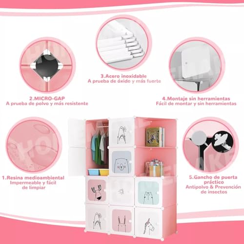 Image of Kids Plastic Collapsible Wardrobe Organizer for Storage | Cute Cartoon Design | Heavy Duty Cloth Organizer for Storage | Easy to Assemble | Perfect for Kids Room & Home (Pink-C3)