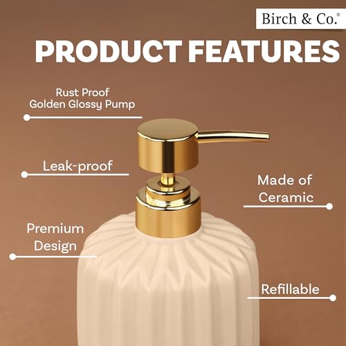 Image of Birch & Co. Ceramic Soap Dispenser For Wash Basin - Handwash Dispenser Bottle - Leak-Proof Design With Silver Glossy BPA-Free Pump, Rivo, Beige,Soapdispenser Rivo Beige