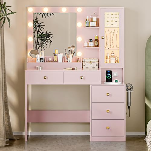 Image of HUANLEGO Vanity Desk with Mirror and Lights, Pink Makeup Vanity Set with 5 Drawers, Jewelry Organizer& LED Glass Cabinet, 3 Light Mode Dressing Table for Girls, Vanities Mirror with Lights Desk