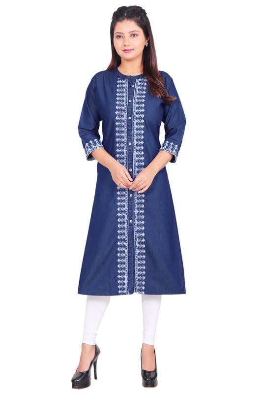Image of Women's Denim Kurti with White Embroidery, Side Pocket & 3 /4th Sleeves - Casual & Office Wear (Blue K - 684)