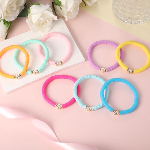 Image of Preppy Bracelets Set Colorful White Gold Smile Heart Star Polymer Beaded Pearl Clay Stackable Charm Y2K Kidcore Aesthetic Summer Beach Bohemian Stretch Layering Bracelets Jewelry for Girls Women Teens