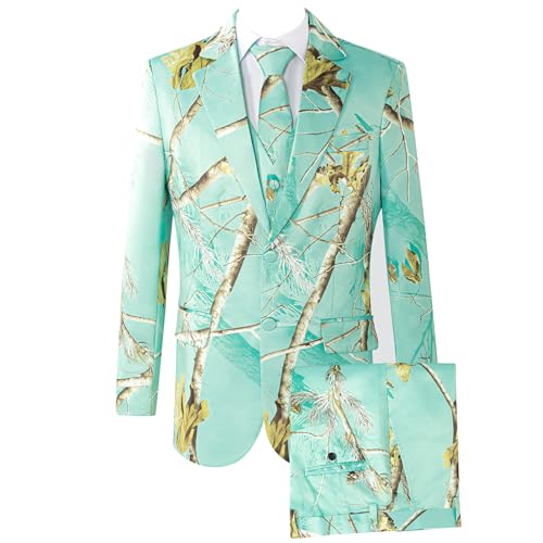 Men's Suits 2 Piece Jacket Pants Set Blue Notch Lapel Printed Blazer Suit Set with Tie for Prom Dinner Party