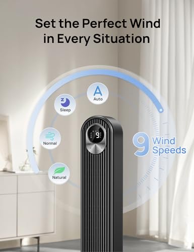 Image of DREO Smart Tower Fan for Bedroom, Floor Standing Bladeless Oscillating Fan with Remote, 9 Speeds, 4 Modes, 12H Timer, for Indoor Bedroom Home Office, WiFi Voice Control