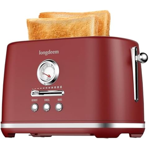 Longdeem 2-Slice Toaster, Wide Slots, Auto Shut-Off, 6 Shade Dial. Perfect for Fruit Bread, Bagels, Waffles, Lift & Look and Frozen Options, Easy-Clean Crumb Tray, Red Cover