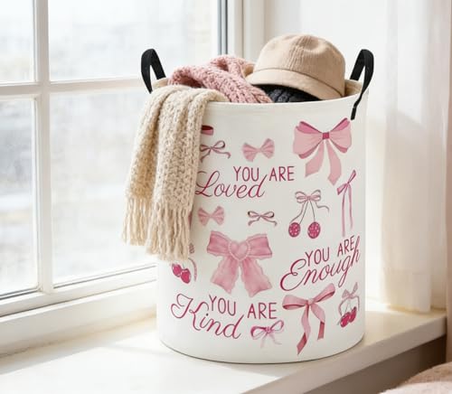 Image of ESSME Kids Laundry Basket,Pink Hamper Collapsible Canvas Waterproof Storage Bin for Girls, Cute Hamper,Gift Baskets(bow)