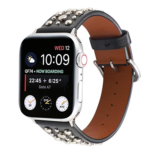 Bling Studs Leather Bands Compatible with Apple Watch 41mm 40mm 38mm, Studded Rivets Strap Wristband Replacement Bracelet for iWatch Series 8 7 6 5 4 3 2 1 SE, Black/Silvery