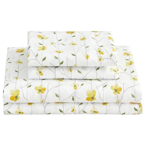 Image of Softan Yellow Floral Bed Sheets Full Flower Printed Sheets - Patterned Microfiber Fitted Sheets Full with 15 inch Deep Pocket & Non-Slip Straps, Cute Flower Sheets & Pillowcase Set
