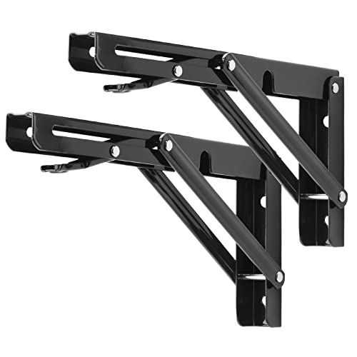 Image of YUMORE 10 Inch Folding Shelf Bracket, Heavy Duty L Bracket, Black, 2 Pack | 330 LB Load Capacity, Foldable Locking Design, Easy Release Lever, Easy Installation, Includes Hardware