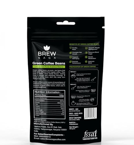 Image of Brewsaga Unroasted Arabica Pure Green Coffee Beans Whole | Weight Management & Detox For Men & Women | Chlorogenic Acid for Natural Weight Loss | Body Detoxification Powder | 200g | Pack of 1