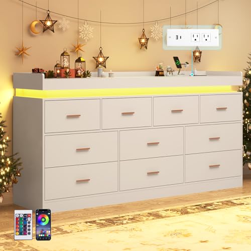 Image of jiteentarou 10 Drawer Dresser with Charging Station and LED Lights, Modern Chest of Drawers with Power Outlet, Organizer Cabinet for, Living Room, Entryway, White