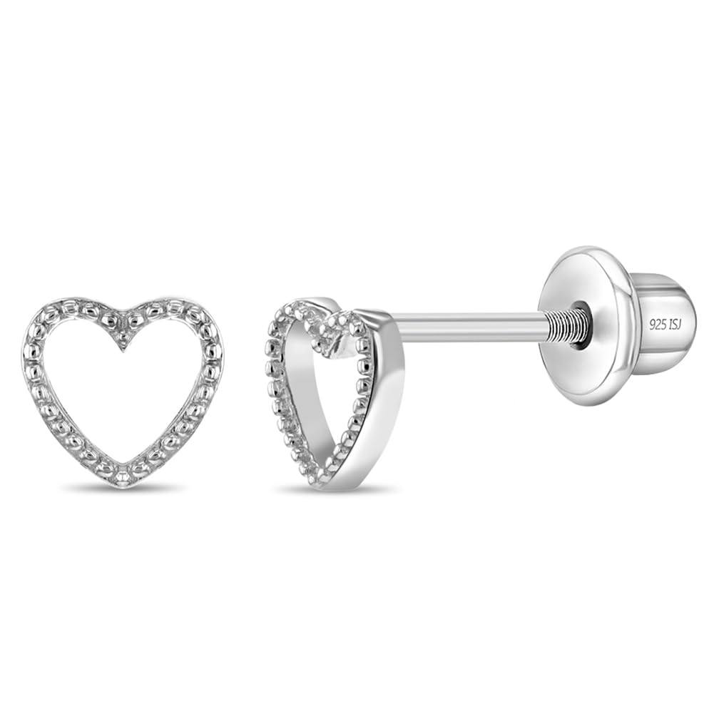925 Sterling Silver Babies & Toddlers Tiny Open Heart Screw Back Earrings - Adorable Heart Stud Earrings For Little Girls - Hypoallergenic Safe and