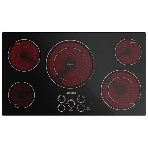 Electric Cooktop 36 Inch 240V Built-in Electric Stove Top 5 Burners Knob & Touch Control 9 Power Levels 500W Warmer Multiple Safety Protection Dual-ring Burner 9000W Hard Wire