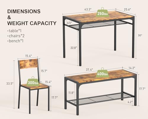 Image of Gizoon Alloy Steel Kitchen Table And 2 Chairs For 4 With Bench, 4 Piece Dining Table Set For Small Space, Apartment (Rustic Brown)
