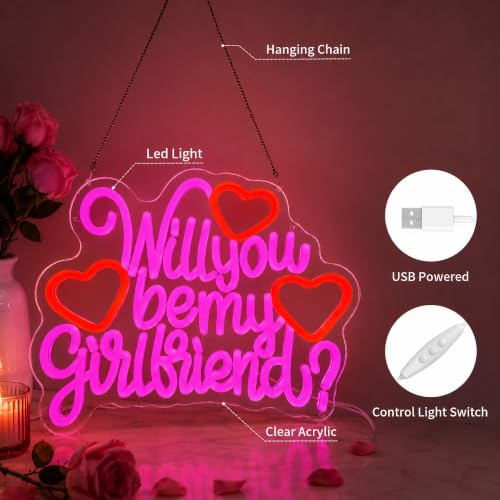 Image of Will You Be My Girlfriend Neon Sign for Wall Decor Pink LED Light Sign for Room Decor Dimmable Light Up Sign for Birthday Party Decoration USB Powered