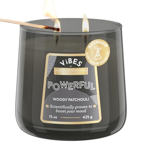 Candle-Lite Vibes Woody Patchouli Mood-Enhancing Scented Candles, 15 oz Jar, Aromatherapy, Proudly Poured in The USA, 2-Wick, 86 Hours Burn Time, Perfect Relaxation Gift