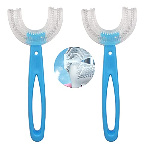 Tooth Brush 2Pack Kids Toothbrushes U-Shaped Toothbrush Head Clean Teeth in All Directions Toothbrush with Silicone Brush Head Massage Toothbrush with Comfortable Handle for Littles (Blue, for 7-12 Y)
