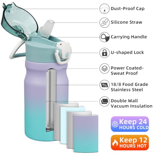Image of BJPKPK 14 oz Insulated Water Bottle, Straw, Handle, Stainless Steel Flask | Leak Proof Locking Lid, Double Wall Vacuum, Keeps Hot /Cold, BPA Free, Dishwasher Safe, Travel & Sports, Lavender Green