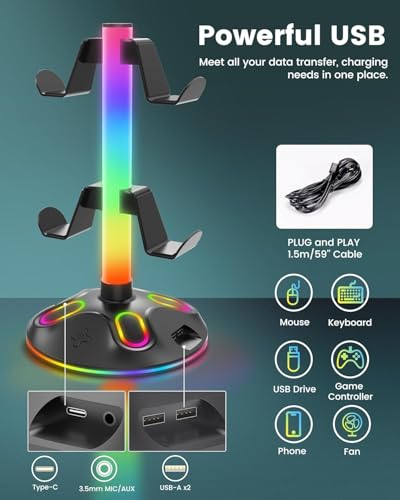 Gaming Headphone Stand - Controller Stand with 10 RGB Lights Modes - Gaming Headset Controller Holder with USB Charging and Type-C Earphone Accessories Storage PC Desk - Image 4