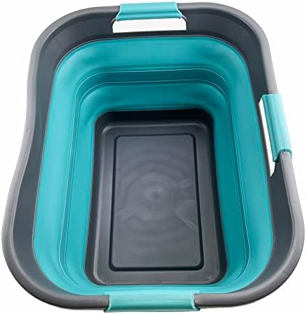 SAMMART 30L Collapsible Plastic Laundry Basket - Foldable Pop Up Storage Container/Organizer - Space Saving Hamper/Basket - Water Capacity 24L (Grey/Crystal Blue)
