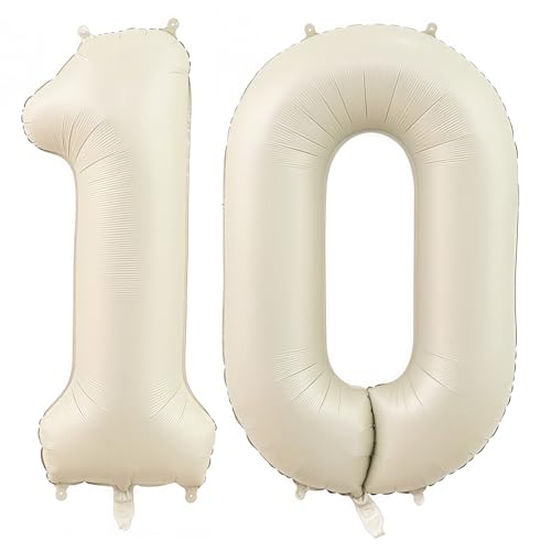 Image of Cream Number 10 Balloons,40 Inch 10 Balloons Giant Helium Foil Mylar Beige 10 Balloon Number for Birthday Party Anniversary Decorations