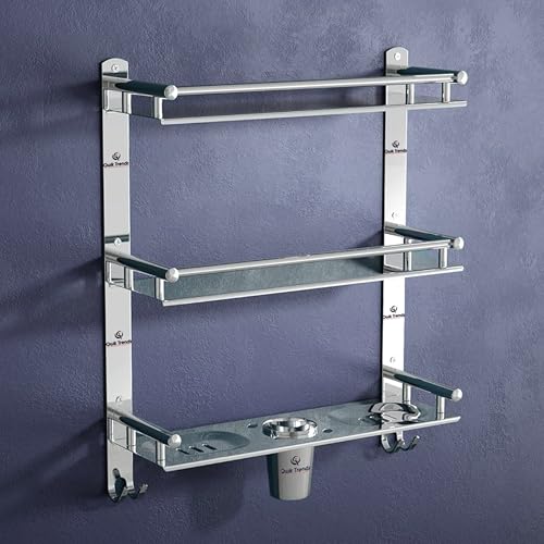Image of Bathroom Organizer Without Drill - Corner, Shelves, Rack, Shelf, Storage, wall, Racks and Adhesive, Mounted, self Holder, soap, Stand Bathroom Accessories (Three Layer (6 in 1))