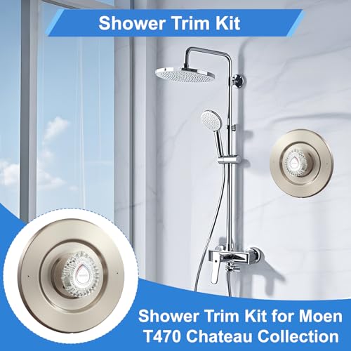 Image of Satin Nickel Shower Trim Kit, Compatible with Moen T470 Chateau Shower Trim Kit With Replacement Cartridge, and 104421 Removal Tool, Escutcheon, Tubes, Shower handle and Screws