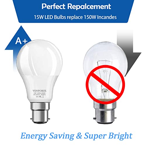 Venforze Bayonet Light Bulbs 150 Watt Equivalent, 15W A60 B22 LED Bulbs, Super Bright 1600LM, Daylight White 6000K, BC Energy Saving Bulbs, Non-dimmable, 4P - Image 4