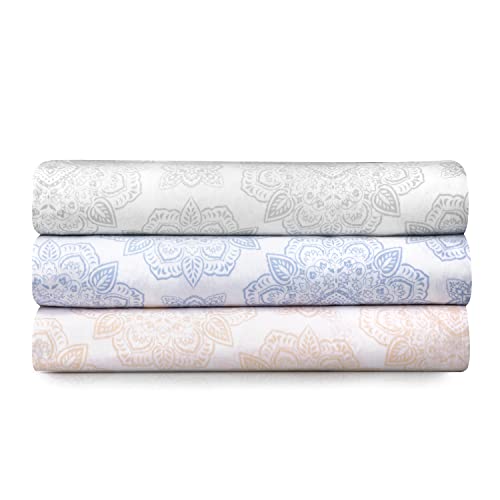 Martha Stewart June Medallion California King Sheet Set - 4 Piece | 100% Cotton | 300 Thread-Count, Wrinkle Resist, Soft, Durable| 1 Flat, 1 Fitted, 2 Pillowcases | Blue #TOP4