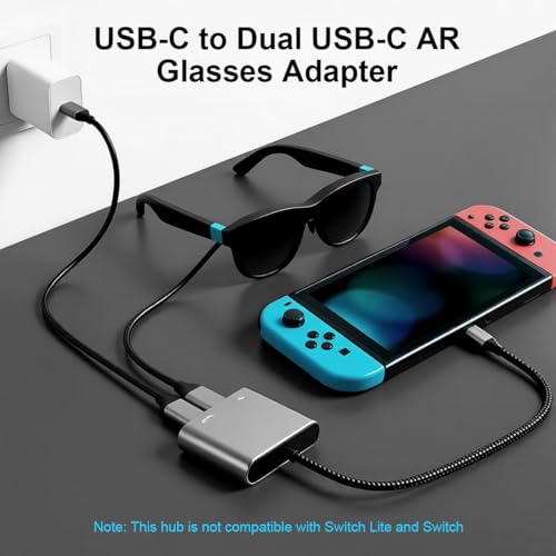 Image of Verilux Type C to Dual C AR Glasses Adapter 2-in-1 Splitter, Compatible PD 100W Fast Charging Adapter for DJI RC 2, Switch OLED, Steam Deck Connected Viture /Rokid /Xreal AR Glasses 1080P@120Hz /4K@60Hz