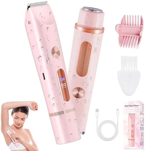 2 in 1 Bikini Trimmer for Women, Dual Head Electric Shaver with LED Display, IPX7 Waterproof Body Pubic Hair Trimmer Rechargeable Womens Electric Razor for Armpit Leg Body Facial (Pink)