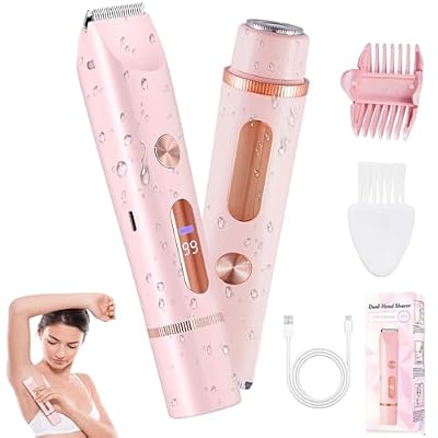 2 in 1 Bikini Trimmer for Women, Dual Head Electric Shaver with LED Display, IPX7 Waterproof Body Pubic Hair Trimmer Rechargeable Womens Electric Razor for Armpit Leg Body Facial Wet & Dry Use