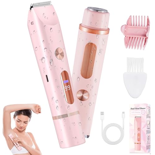 2 in 1 Bikini Trimmer for Women, Dual Head Electric Shaver with LED Display, IPX7 Waterproof Body Pubic Hair Trimmer Rechargeable Womens Electric Razor for Armpit Leg Body Facial (Pink)