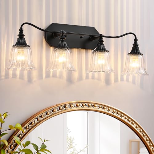 Image of LmnLvn 4-Light Bathroom Vanity Light, Matte Black with Crystal Glass Shade