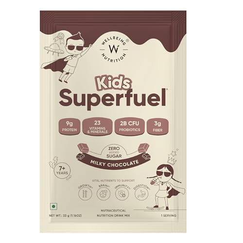 Image of Wellbeing Nutrition Kids Superfuel 7+years |Zero Added Sugar |9g Milk Protein Isolate, 23 Vitamins & Minerals, 100mg DHA, 3g Fiber, Probiotics |Height Growth, Immunity & Brain| Chocolate, Nutrition Drink Powder, 33g