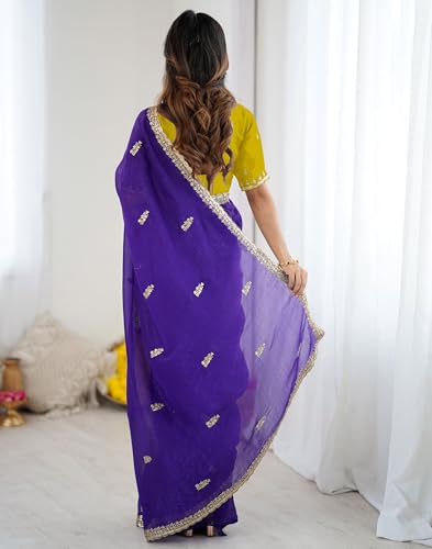 Image of SIRIL Women's Tissue Silk Scalloped Border Embroidery Saree with Unstitched Blouse Piece