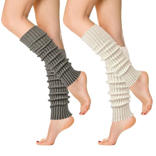 Image of 2 Pairs Womens Leg Warmers Thick Fashion 80s Ribbed Knitted Cotton Leg Warmers Socks for Women Winter Socks Grey Khaki