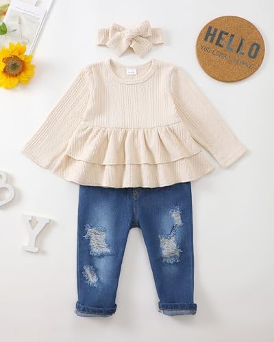 Image of Renotemy Infant Baby Girl Clothes 9-12 Months Fall Winter Beige Baby Cowgirl Outfits & Gifts - Rib Knit Jeans Pants Set