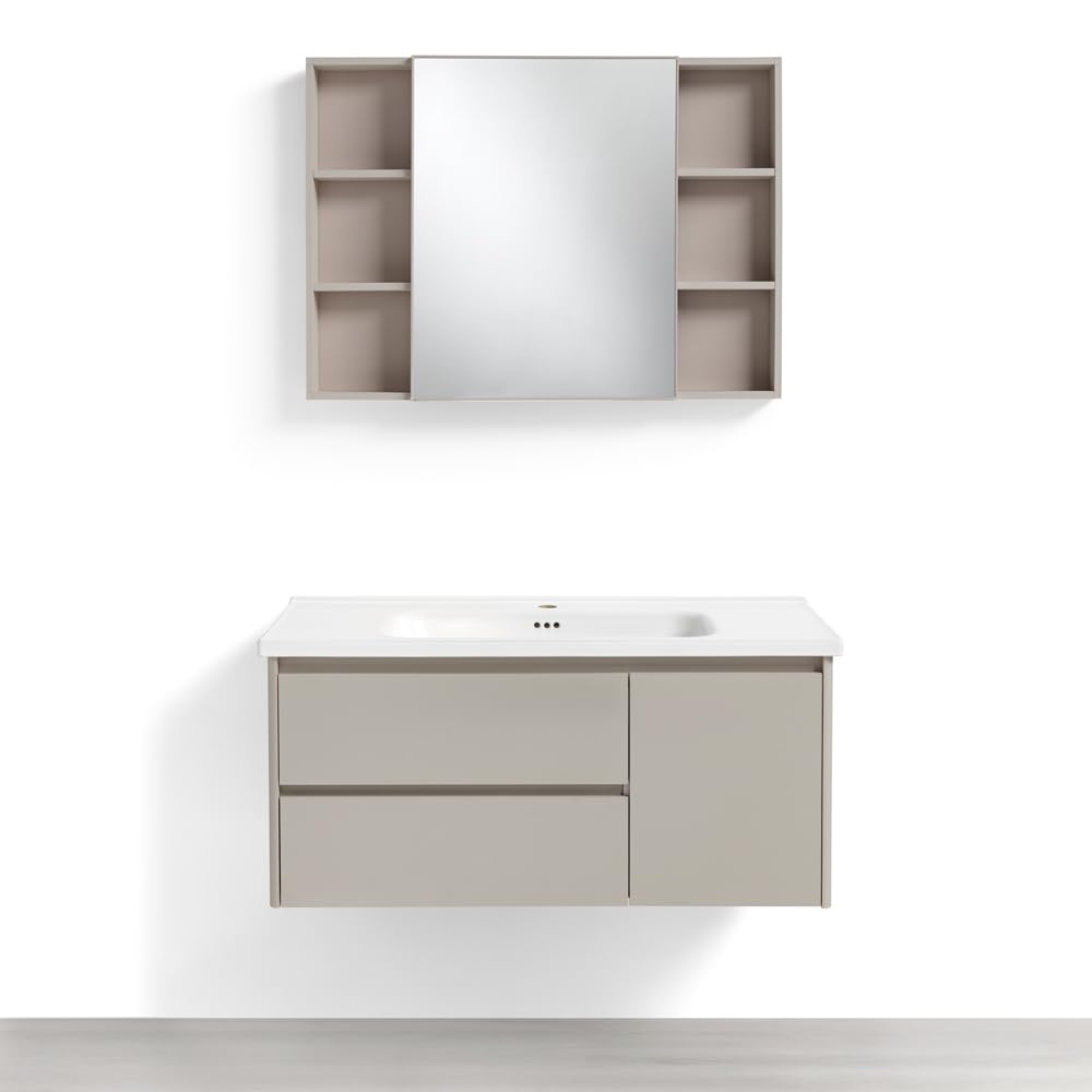 REDÒKASA Mobile Bagno Sospeso 100 cm GENZIANA in alluminio, con 2 cassetti e 1 anta, specchio contenitore a 1 anta, lavabo in ceramica (Cipria)