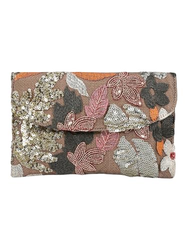 SHOFUL Bolso de embrague de noche con lentejuelas bordado floral para mujer, perlas, flores, bolso de hombro para fiesta, boda, (marrón)