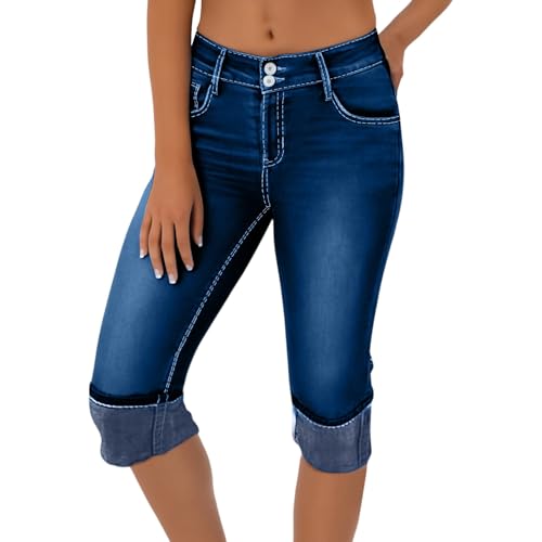 Capri Jeans for Women Stretch Ripped Skinny Raw Hem Jeans Distressed Sexy Wash Denim Capris with Pockets Boyfriend Destroyed Frayed Butt Lifting Jeggings Summer Cropped Pants for Women 2025 Blue