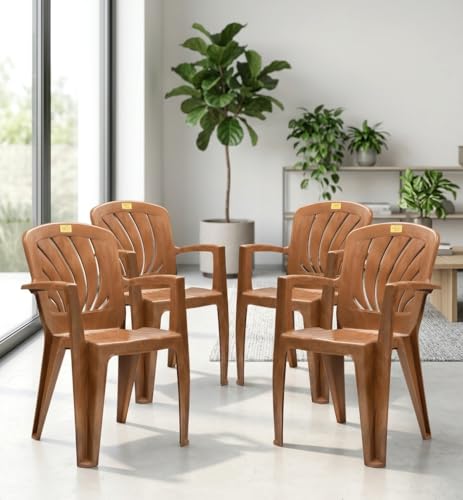 Image of Patiofy Plastic Arm Chair for Living Room, Heavy Duty Plastic Chair for Home and Outdoor, Solid Back Support, Comfortable Seating with Arm Support, 200 Kg Capacity (Elba Sandal- Set of 4)