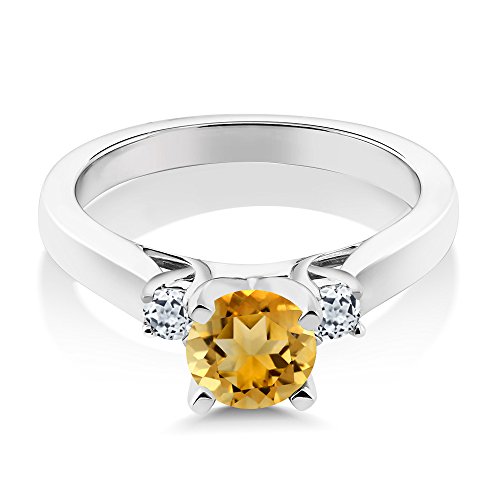 Gem Stone King 925 Sterling Silver Yellow Citrine and White Topaz 3-Stone Engagement Ring For Women (0.98 Cttw, Round 6MM, Gemstone November Birthstone, Available in Size 5,6,7,8,9)2