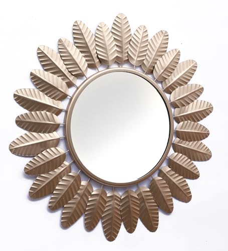 Image of Artemade Iron Iron Framed Decorative Wall Mounted Round Hanging Mirror Vintage Flower Leaf Design Modern Art Mirror for Living Room, Home Decor (Golden Blue)