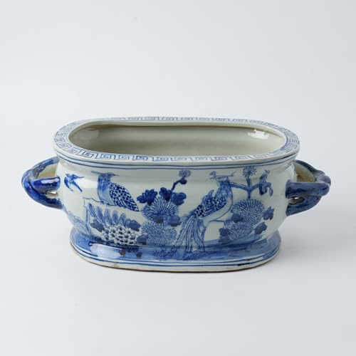 XIGGJYL JINDEZHEN Vintage Blue and White Flower & Birds Porcelain Footbath Planter Chinoiserie Scenery Motif Ceramic Flower Pot (Vintage Blue)