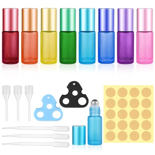 dusaniyali 8 botellas de cristal Roll On para aceites esenciales, botellas vacías de 5 ml con abridor, embudo y gotero, botella de 5 ml con rodillo de acero inoxidable para aceites esenciales,